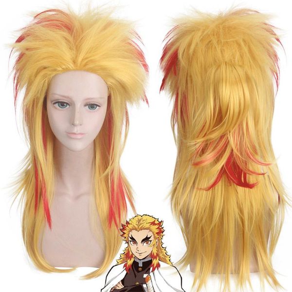 

other event & party supplies anime demon slayer kimetsu no yaiba rengoku kyoujurou wig cosplay synthetic orange red halloween prop