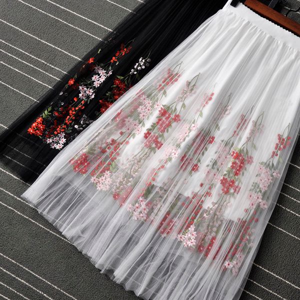 

Skirts Korean Version Embroidery Floral Summer Mesh Lace Long Women Jupe Femme High Waist Casual Beach Pleated Skirt 6AVS, Black