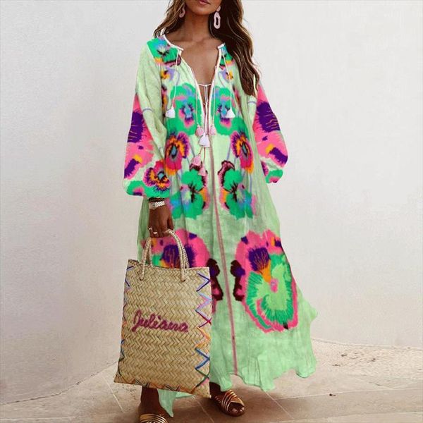 

spring elegant floral print tassel womens dress long party vintage lantern sleeve ladies dresses women v neck casual, Black;gray