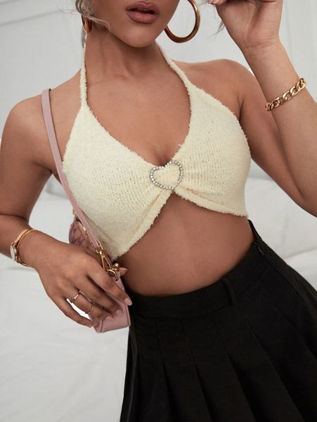 

rhinestone heart ring linked tie backless halter knit d7ju#, White