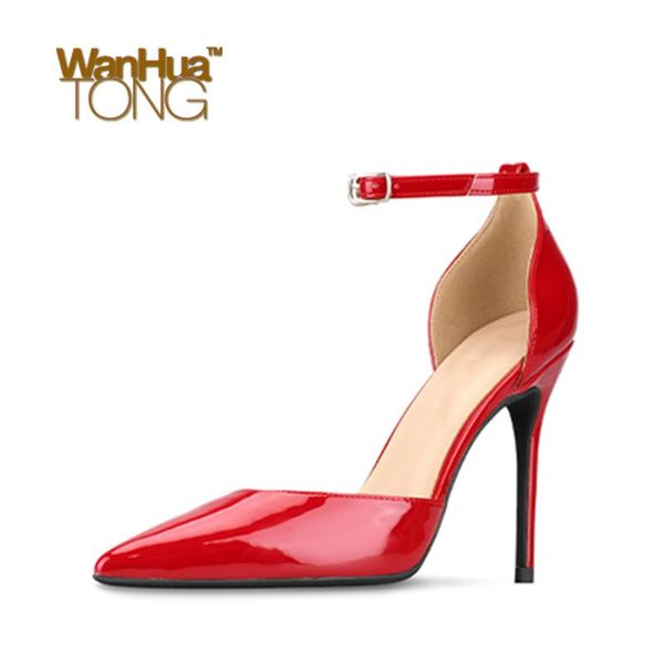 

dress shoes wanhuatong woman fashion ankle strap buckle classic pointed toe stiletto heel solid colored business office pumps size45, Black