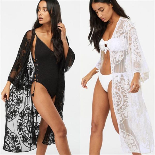 

[nodelay] 2021 women long bikini cover up lace see-through beachwear cardigan cover-up beach wear female dress women's swimwear, White;black