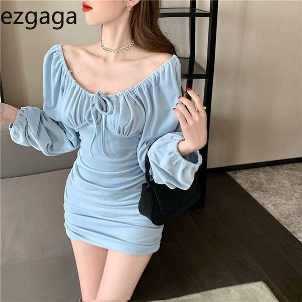 

ezgaga dress women korean vintage puff sleeve high waist slash collar party ladies bodycon dress elegant solid vestidos 210430, Black;gray