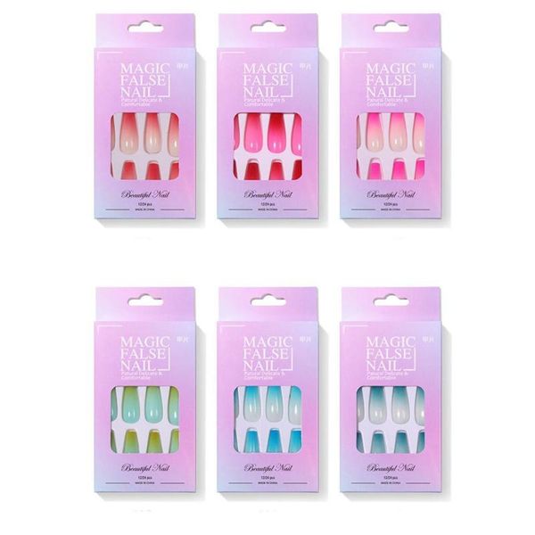 

false nails beauty tools manicure acrylic ballerina fake nail tips gradient colorful full cover, Red;gold
