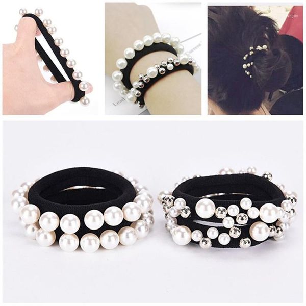 

fashion crystal faux pearl elastic hair bands seamless ponytail holder ropes woman tie accessories1