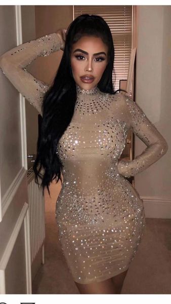 

casual dresses celebrity khaki long sleeve shining rayon bandage dress cocktail party sexy, Black;gray