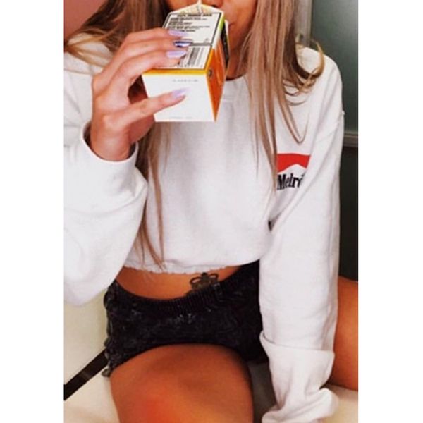 

white casual letter printed round neck long sleeve elastic hem cropped sweatshirt