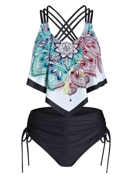 

plus size swimsuit 2021 lotus print split bikini ruffle hollow high waist bathing suit for women maillots de bain women's swimwear, White;black