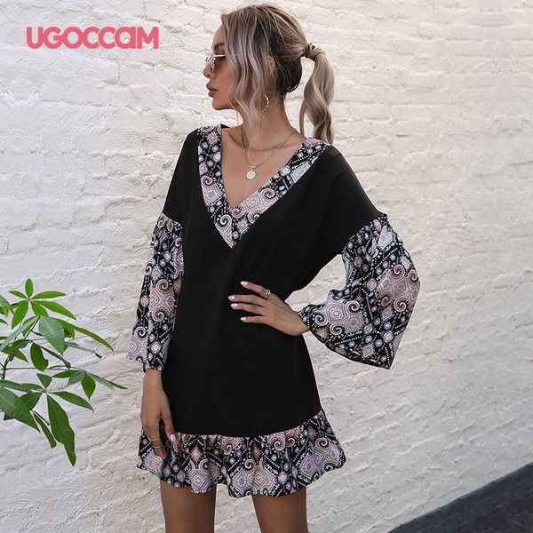 

casual dresses ugoccam dress spring autumn elegant patchwork print chiffon women long sleeve v-neck lady clothes 2021 vestido, Black;gray
