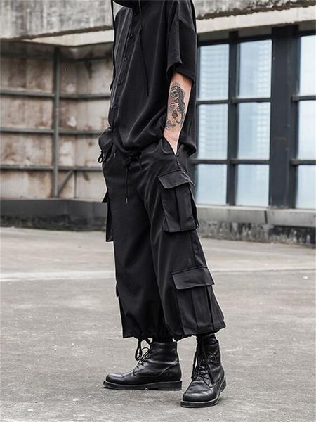 

men's pants cargo spring and autumn multi-pocket straight leg pull rope design large size casual, Black