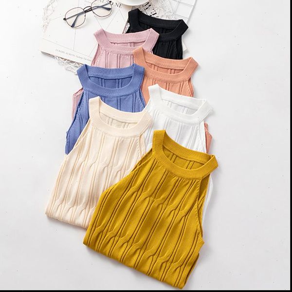 

summer knitted slim korean womens cami sleeveless halter vest white black loose