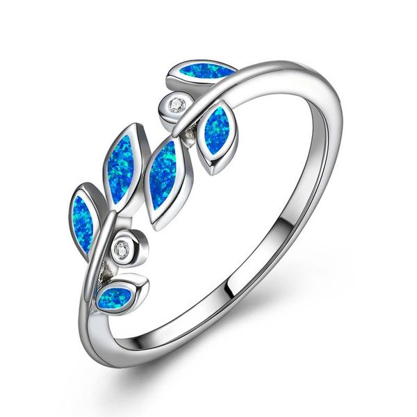 

wedding rings vintage blue white imitation opal for women charm gold color crystal leaf engagement ring bands, Slivery;golden