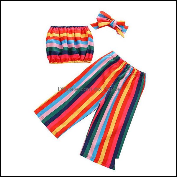 Conjuntos de roupas Bebê Crianças Bebê, Maternidade Meninas Rainbow Stripe Roupas Crianças Tops + Calças + Headband 3pcs / Set Verão Moda Boutique roupas