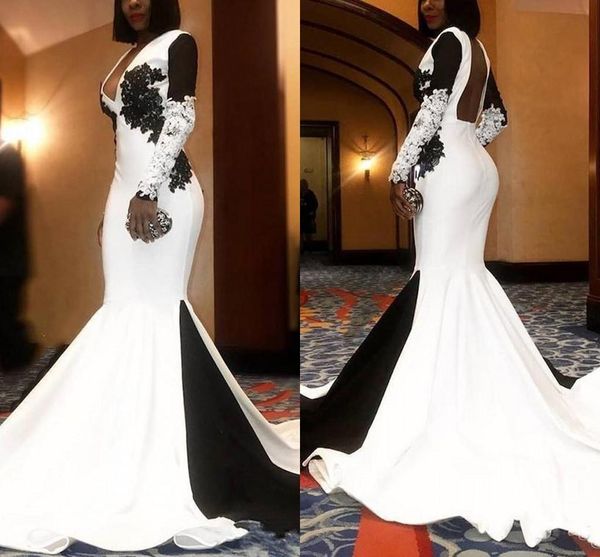 

white and black evening dresses elegant sweep train backless mermaid prom dress applique lace long sleeves formal party gowns custom made ro, Black;red