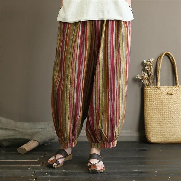 

women's pants & capris johnature women striped cotton linen elastic waist vintage pockets 2021 summer trouser casual straight, Black;white