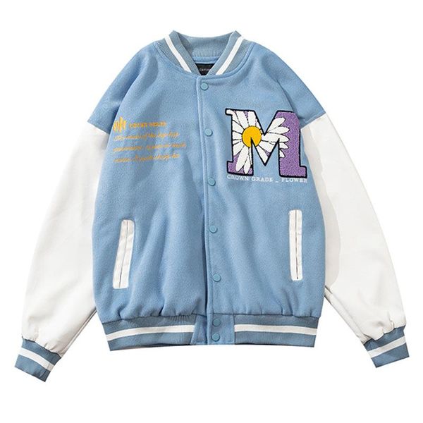 

men's jackets hip hop patchwork baseball mens letter daisy flowers patch leather bomber men spring oversized streetwear coats, Black;brown