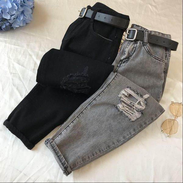 

retro streetwear straight hole women jean denim ripped loose casual harem pants black high waist femme, Blue
