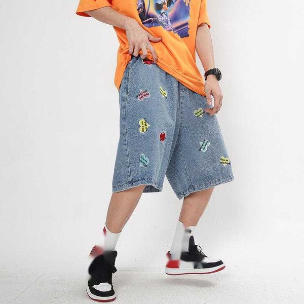 

men's jeans vintage love embroidered shorts men fashion brand loose boyfriend style casual hip hop printed blue denim short drawstring