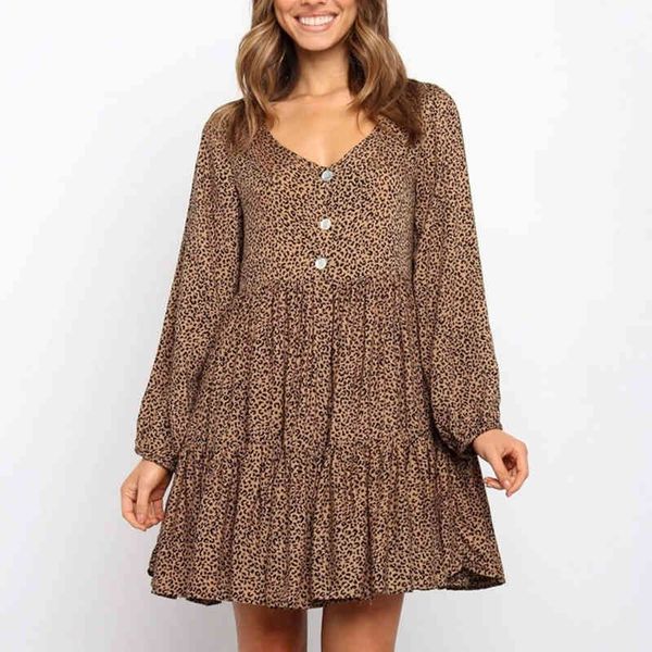 

leopard print brown casual loose dress long sleeve autumn winter button v neck vintage short dress 210415, Black;gray