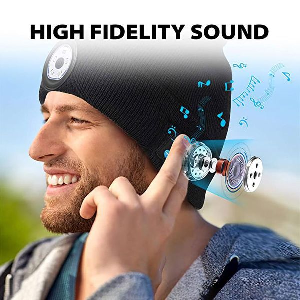 

warm beanie bluetooth 5.0 led hat wireless stereo headset music player with mic for handssupport dimming rechargeable cycling caps & ma, Black