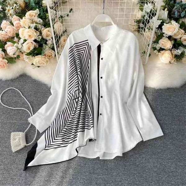 

women's spring and autumn shirt korean style splicing irregular loose woman long-sleeved all-match blouse pl220 210506, White
