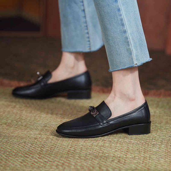 

sandals female pumps leather shoes plus size 22-26.5cm complete toe round foot classic retro metal moccasins 2 colors ok3v, Black