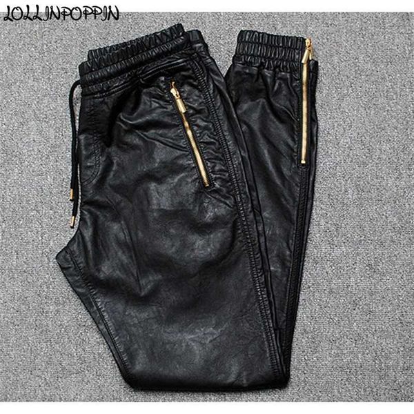 

men joggers faux leather jogger pants side zipper hip hop pu leather harem pants zippered leg opening pants drawstring waist 201222, Black