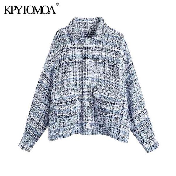 

women fashion with pocket tweed jacket coat long sleeve button-up female outerwear chic overshirt 210420, Black;brown