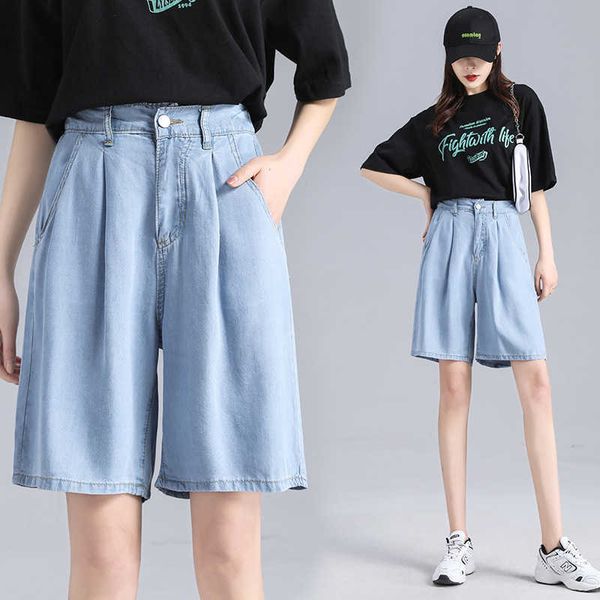 

denim shorts tencel women's summer thin 2021 korean high waist wide leg ice silk 5-point pants, Blue
