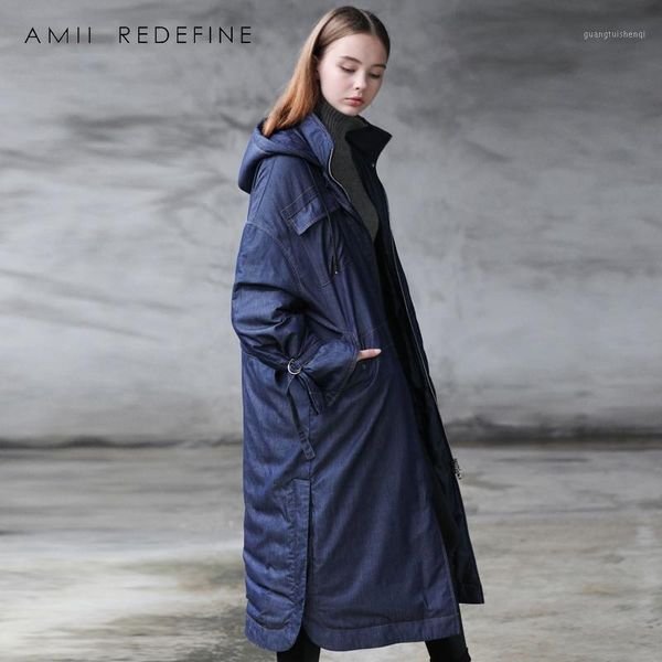 

women's down & parkas amii redefine causal denim long jackets winter thick 2021 vintage solid zipper belt full sleeve female hooded coa, Black