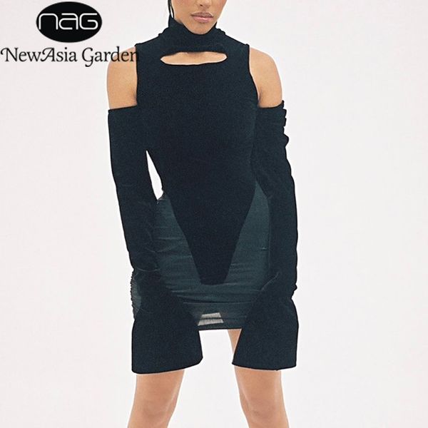 

newasia long sleeve dress velour patchwork cut out turtleneck slim fit black mini dress women elegant party club vestidos 210413, Black;gray