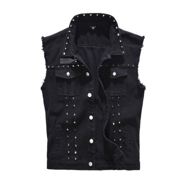 

men's vests men denim vest motorcycle style sleeveless jeans jacket spring summer punk rock rivet cowboy coatsblack waistcoat, Black;white