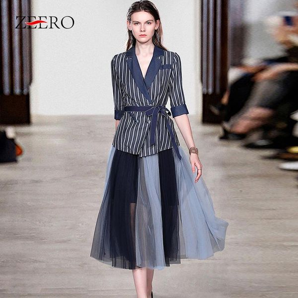 

women's tracksuits autumn 2 piece set women striped half sleeve noched sashes blazer coat + pleated mesh skirt suit female plus size ou, Gray