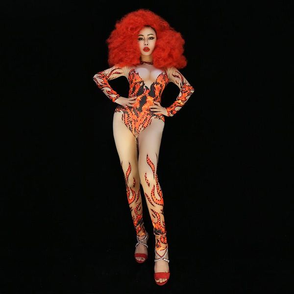 

party decoration x78 red flame female diamonds bodysuit stage costumes singer pole dance dress disco rhinestone jumpsuit peerform clothing