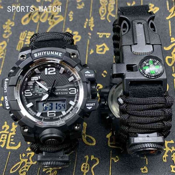 

shiyunme men military watch compass waterproof led electronic quartz dual display sports male relogio masculino