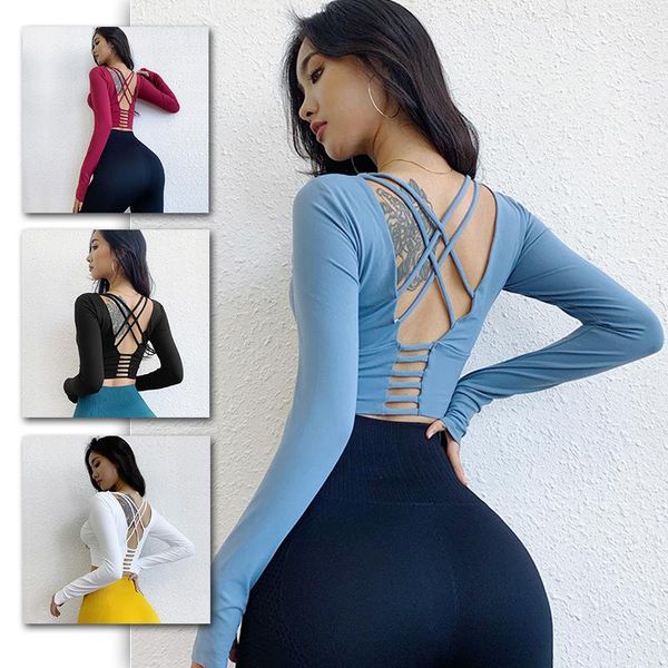 

yoga outfits women's long sleeve fitness running shirts gym girl sport workout clothing, White;red