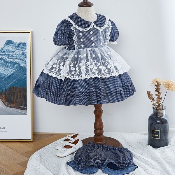 

summer baby girls wave point short sleeve dresses children kids girl princess clothing + shorts 210429, Blue