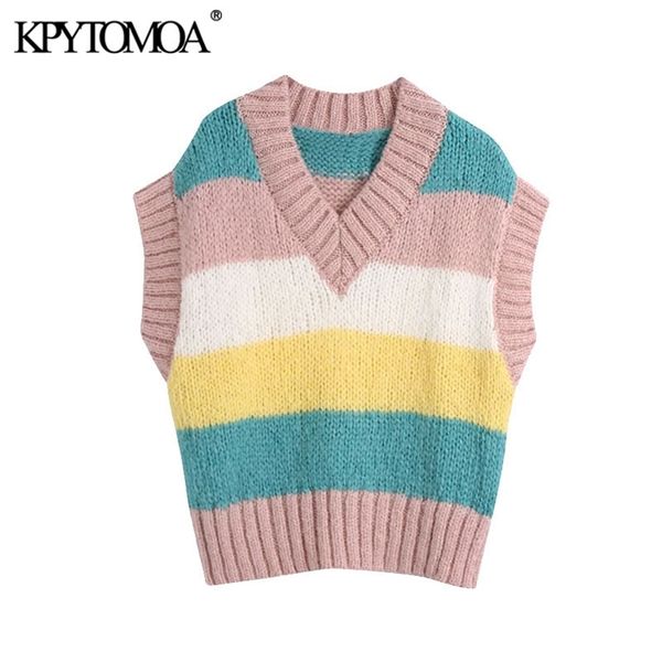 

women sweet fashion striped loose knitted vest sweater vintage v neck sleeveless female waistcoat chic 210420, Black;white