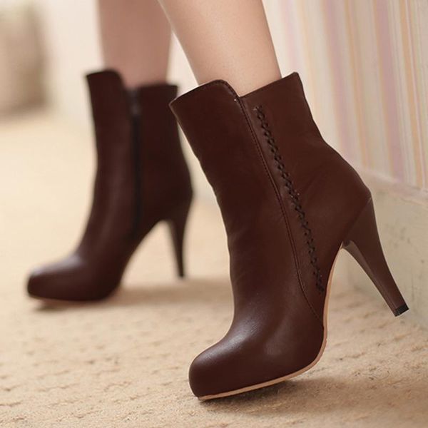 

boots shoes woman fashion zapatos de mujer women leather high heels zipper solid color short boot round toe, Black