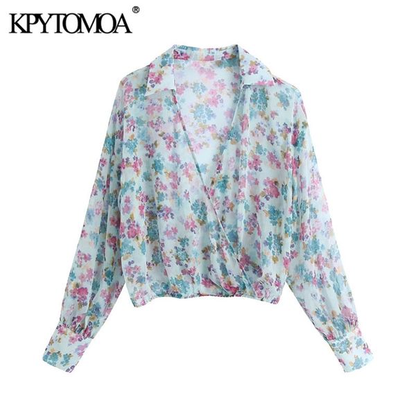 

women fashion semi-sheer floral print cropped blouses long sleeve elastic hem female shirts chic 210420, White