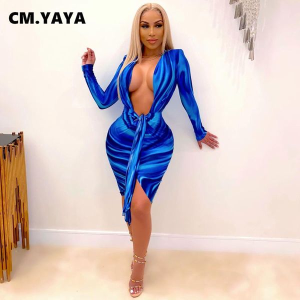 

cm.yaya fall winter tie dye print women midi dress club night party pencil deep v-neck knot up waist bodycon dresses casual, Black;gray