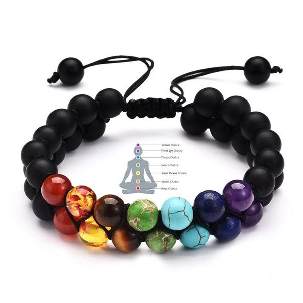 

beaded, strands 7 chakra adjustable 8mm natural stone bracelet double woven rope chain yoga healing balance for men women jewelry gifts, Black