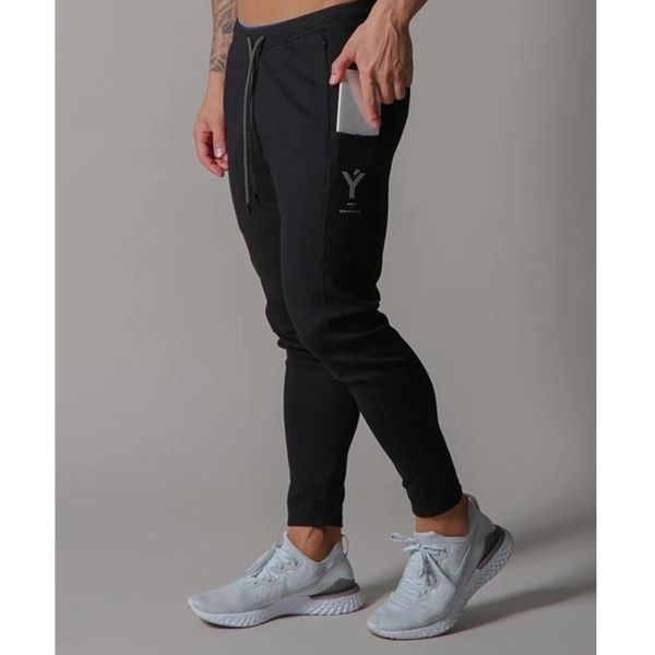 

men's pants muscle brothers sports slim stretch invisible zipper casual feet guard men, Black