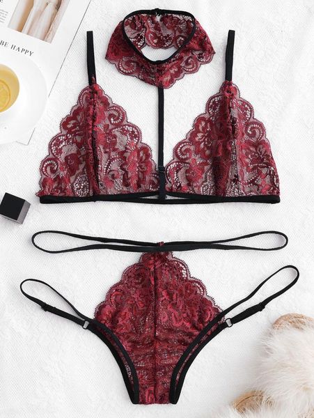 

bras sets zaful choker bralette lace lingerie set women girls sexy-lingerie babydoll nightwear sleepwear underwear bra, Red;black