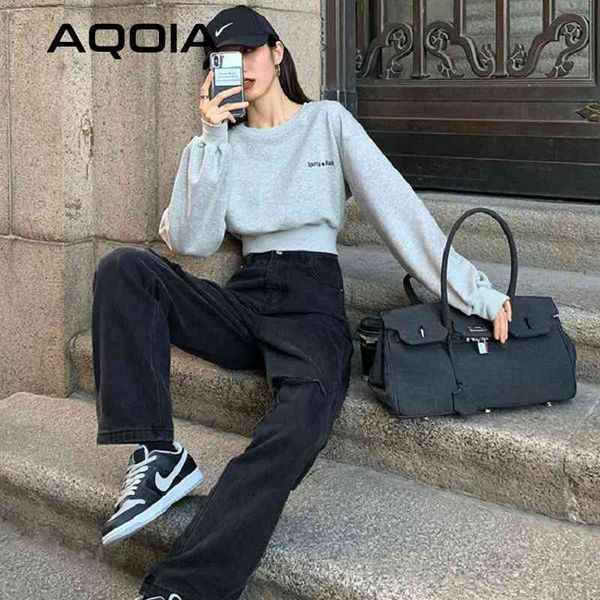 

harajuku long sleeve female pullover streetwear letter printing women sweatshirt y2k hoodies high waist short woman clothing 210521, Black
