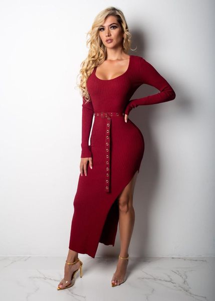

casual dresses ahvit autumn winter women sweater dress o neck long sleeve sheath high side split sashes woolen ssj3240, Black;gray