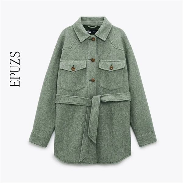 

za women winter jacket with belt loose woolen jacket vintage long sleeve coat female green thick overcoat 211109, Black;brown