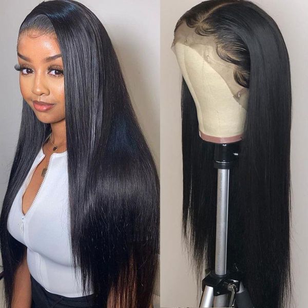 

180% lace front human hair wigs for black women preplucked brazilian remy straight wig with baby bleached knots, Black;brown