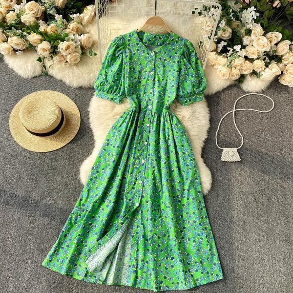 

dresses women korean floral vintage sleeve v neck single breasted a-line es summer bohemian print midi, Black;gray