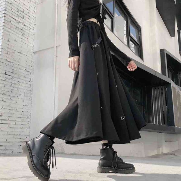 

dark style women girl high waist hanging buckle summer autumn street long skirt, Black
